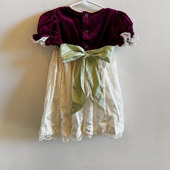 Vintage b.t. kids Baby Girls 24M Maroon Velvet Holiday Dress Ivory Damask Lace - Picture 2 of 16